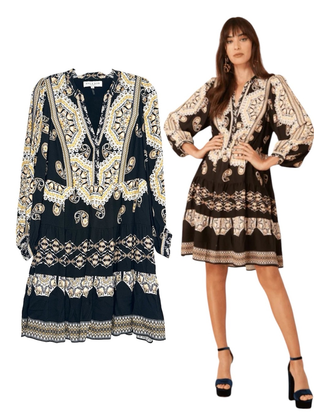 Hale Bob Los Angeles Jayleen Black Patterned Knee Length long sleeved Dress Med